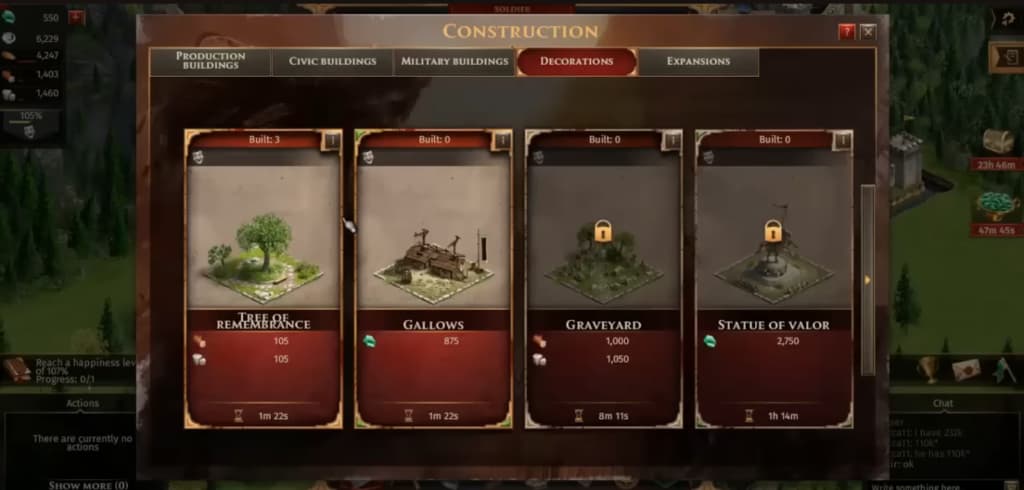 Construction menu in "Legends of Honor" displaying choices like gallows and graveyard