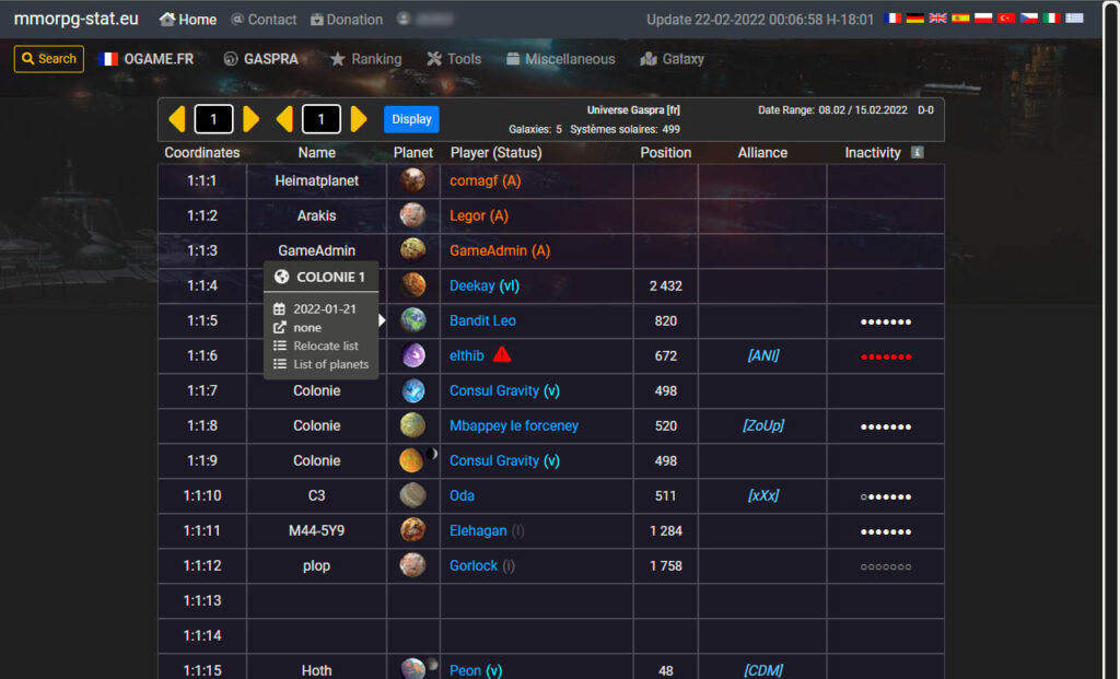 Ogame player table