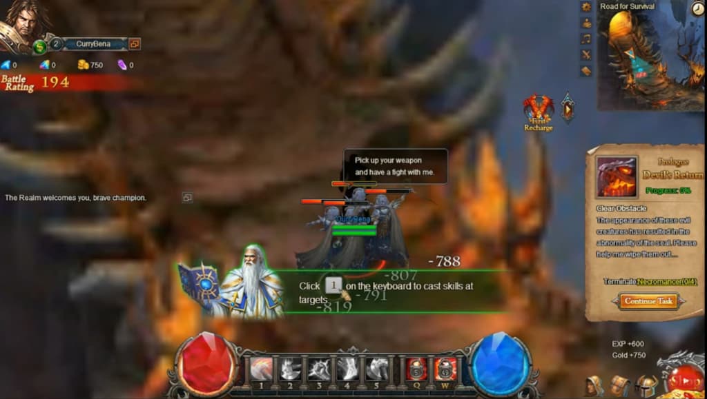 A wizard character invites a battle in a fiery landscape game interface