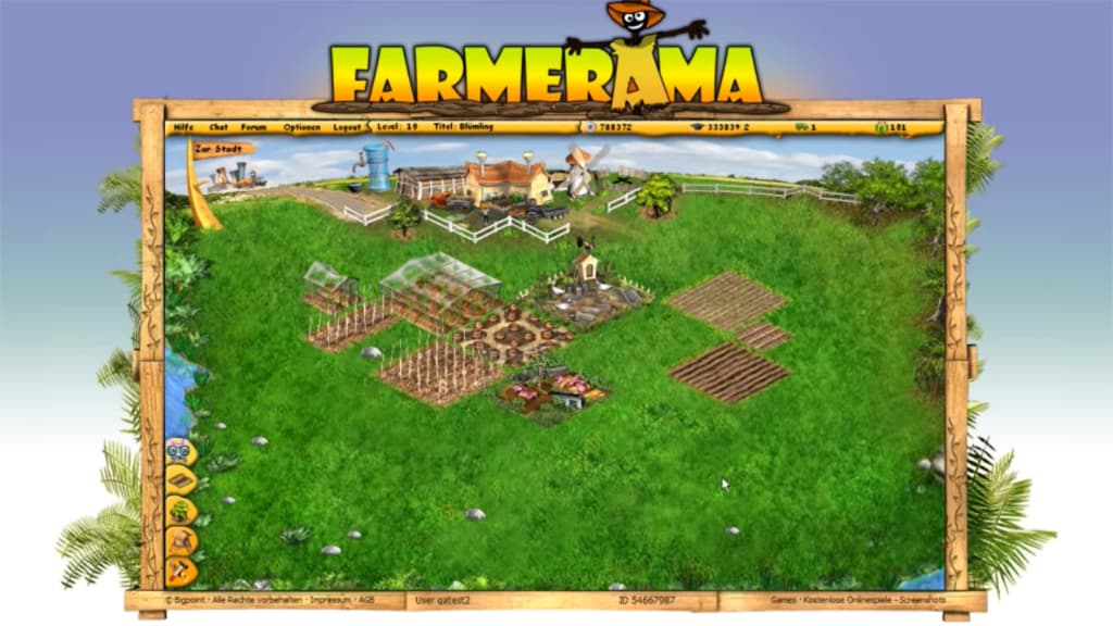 A screenshot of the 'Farmerama' online game showing a farm layout with crops and buildings