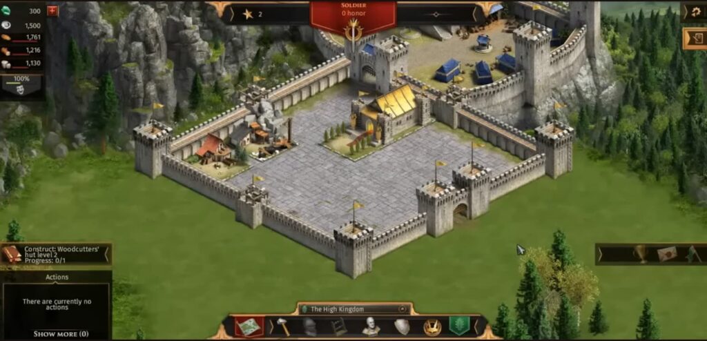 An in-game view of a fortified castle with various buildings in "Legends of Honor"