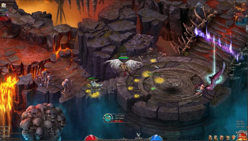 A character with angel wings battles in a fiery, rocky game environment