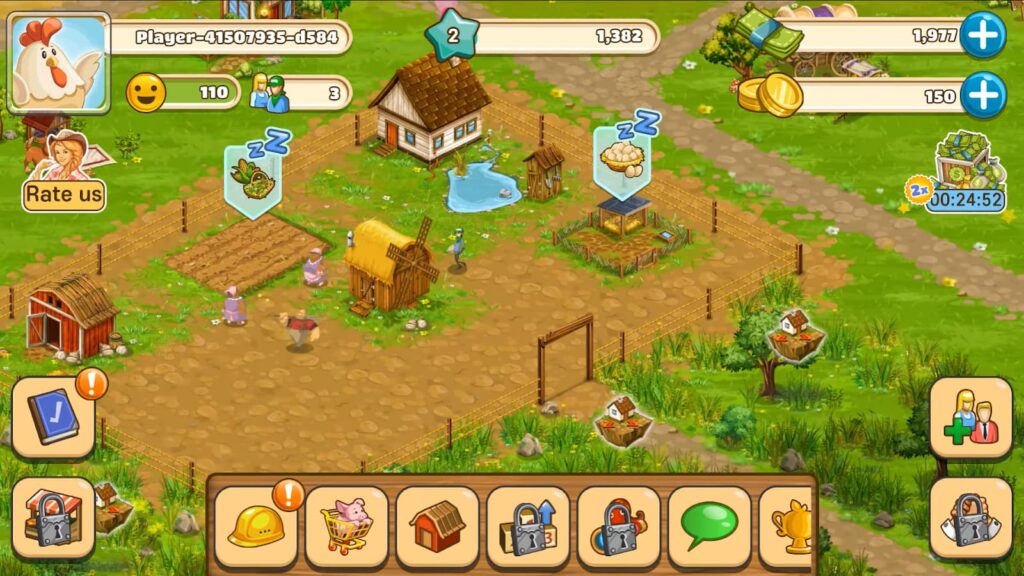 A screenshot of a farming simulation game with various farm animals and buildings