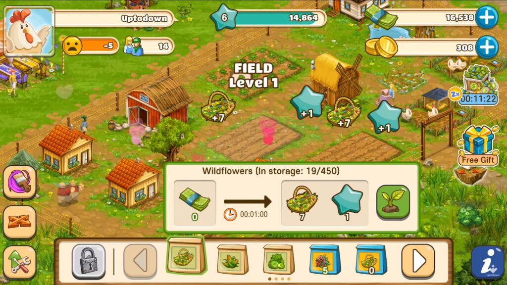 A detailed farm management game interface showing resources and activity indicators