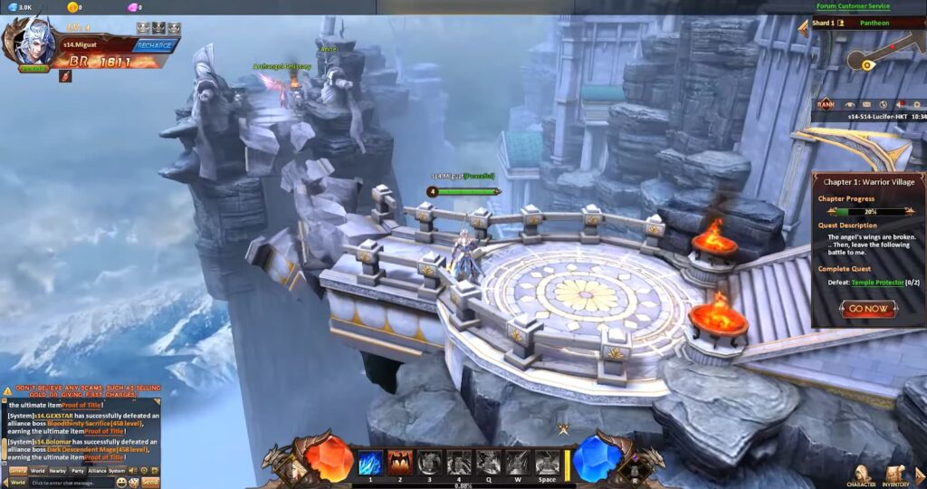 A screenshot from a 3D game showing characters on a sky-high ancient ruin