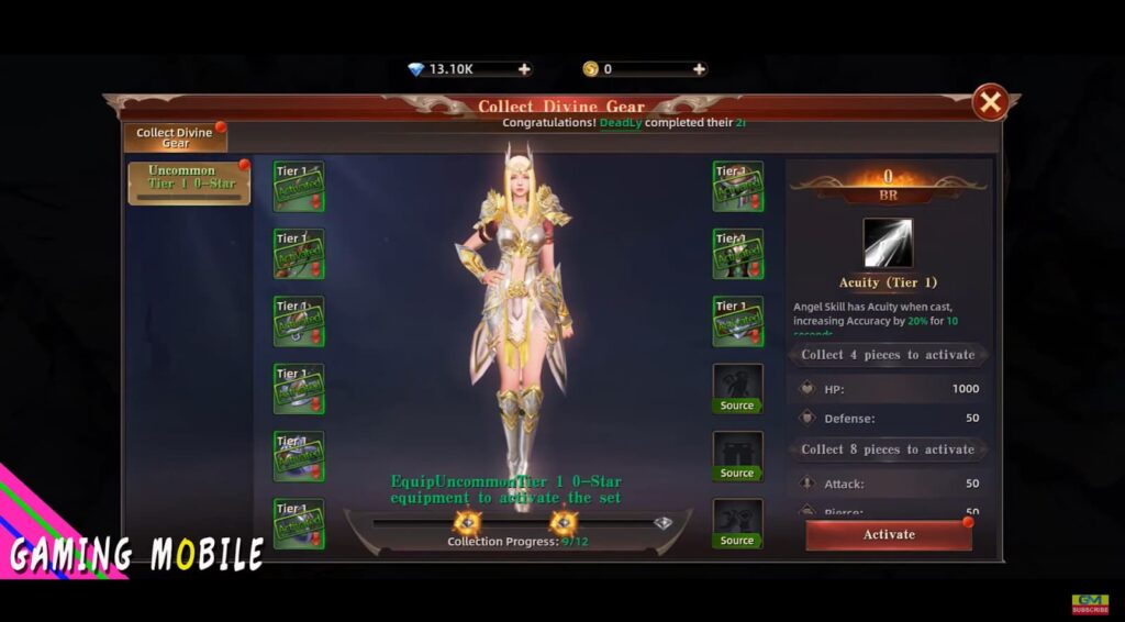 A game interface showing a collection of divine gear for a character